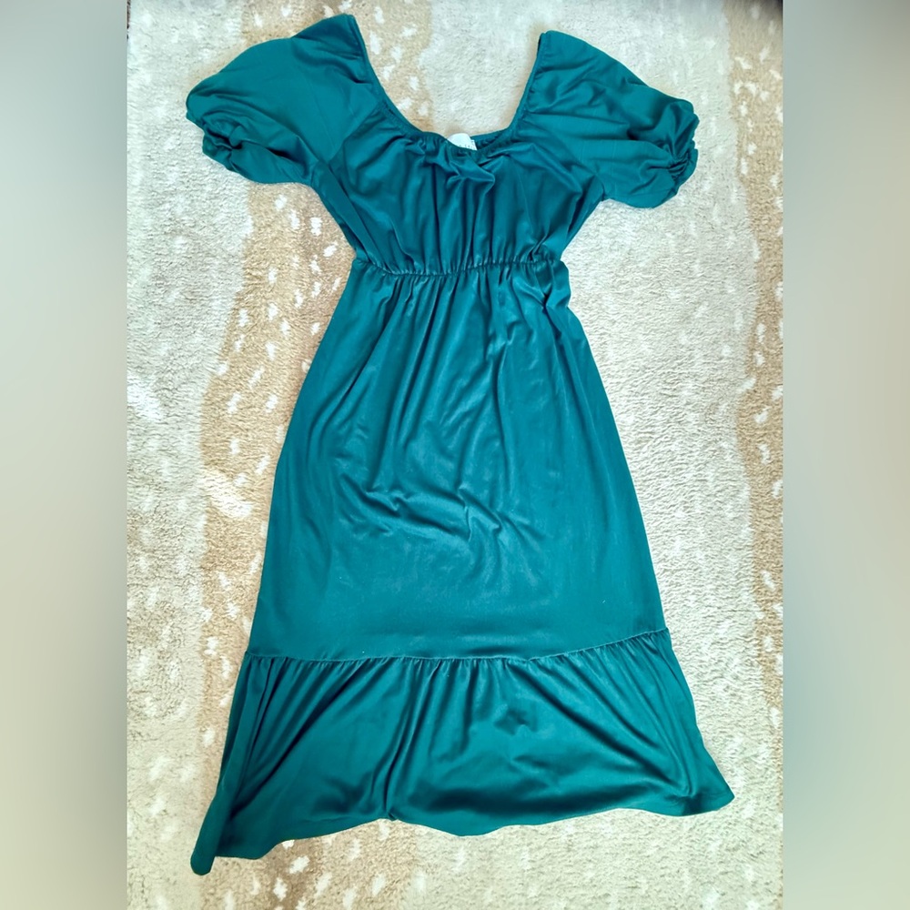 French Grey Teal Puff Sleeve Short Sleeve Midi Dress - Women’s Size Small